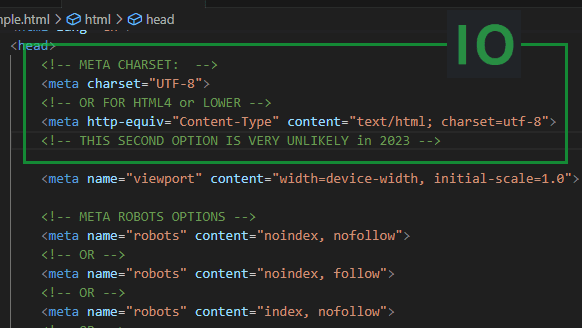This is how to include the right meta charset in head tag for html5 and lower versions